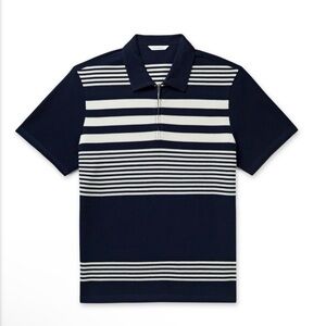 Club Monaco Block Stripe Zip Polo Short Sleeve Cotton Knit Shirt Navy Medium